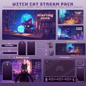 cat twitch overlay witch stream pack halloween twitch vtuber background witch asset purple twitch banner halloween overlay purple twitch
