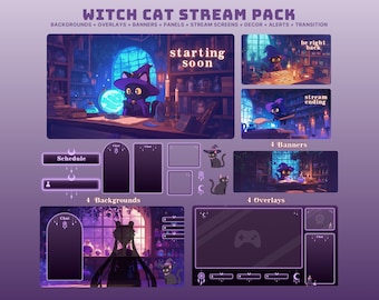 cat twitch overlay witch stream pack halloween twitch vtuber background witch asset purple twitch banner halloween overlay purple twitch
