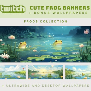 Puede incluir: Una ilustración digital de dos ranas verdes sentadas en nenúfares en un estanque. El estanque está rodeado de nenúfares verdes y nenúfares. El fondo es un cielo azul oscuro con estrellas. El texto "Twitch Cute Frog Banners + Bonus Wallpapers Frogs Collection" está en la parte superior de la imagen.