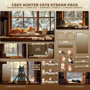 Paquete de transmisión de gato acogedor, fondo animado de invierno, superposición acogedora de vtuber, paquete de transmisión de gato de Twitch, pantalla de transmisión de invierno acogedora, superposición de gato de Twitch