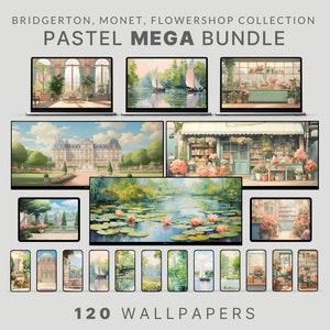 Puede incluir: Una colección de 120 fondos de pantalla digitales en colores pastel que representan diferentes escenas, incluyendo un castillo francés, una tienda de flores y un lago con nenúfares. Los fondos de pantalla se muestran en diferentes dispositivos, incluyendo portátiles, tabletas y teléfonos.