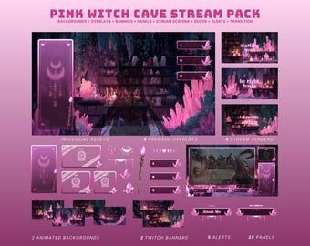 pink stream package witch cave twitch overlay cozy witch room twitch package for streamers and vtubers pink animated background halloween