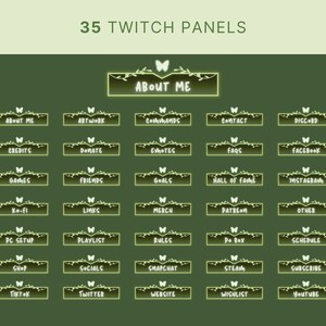 May include: A set of 35 green and yellow Twitch panels with a butterfly design. The panels are labeled with various topics, such as "About Me", "Artwork", "Commands", "Contact", "Discord", "Credits", "Donate", "Emotes", "FAQs", "Facebook", "Games", "Friends", "Goals", "Hall of Fame", "Instagram", "Ko-fi", "Links", "Merch", "Patreon", "Other", "PC Setup", "Playlist", "Rules", "Po Box", "Schedule", "Shop", "Socials", "Snapchat", "Steam", "Subscribe", "TikTok", "Twitter", "Website", "Wishlist", and "YouTube".