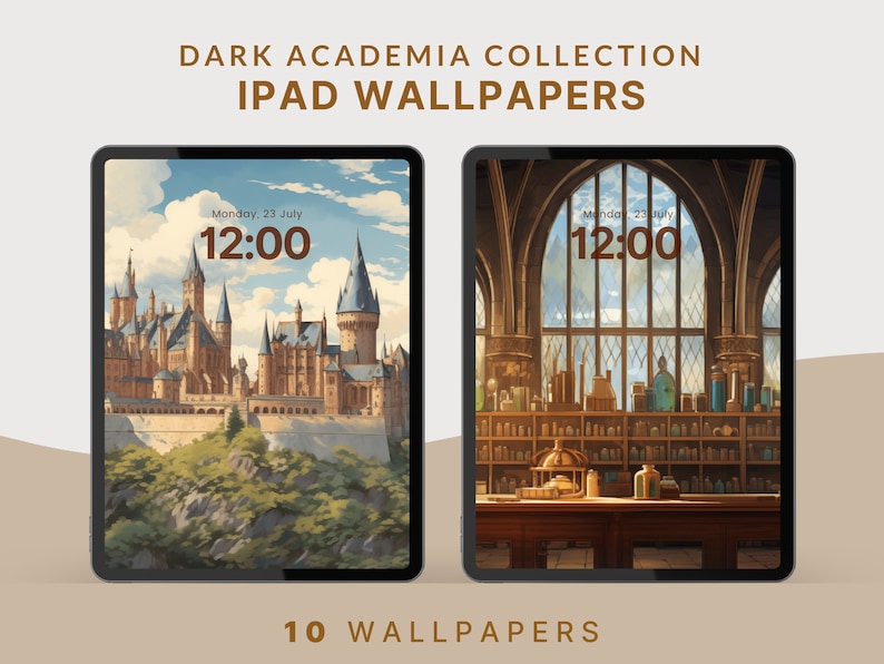 May include: Two iPad screens displaying "Dark Academia" themed wallpapers. One shows a castle scene, the other a laboratory interior. The time is displayed as 12:00 on both screens. The text "10 WALLPAPERS" is at the bottom.