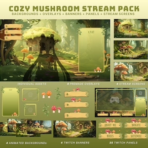 animated cozy twitch overlay vtuber background cottagecore twitch overlay green twitch banner mushroom stream package cozy stream screens