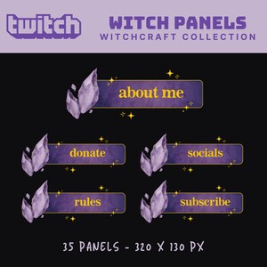 Peut inclure: Panneaux Twitch violets et dorés avec un design de cristal. Les panneaux incluent le texte "about me", "donate", "rules", "socials" et "subscribe".