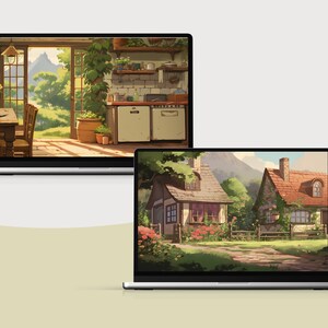 May include: Two laptop screens displaying digital illustrations of a cozy kitchen with a view of a mountain range and a quaint cottage with a stone path leading to the front door.