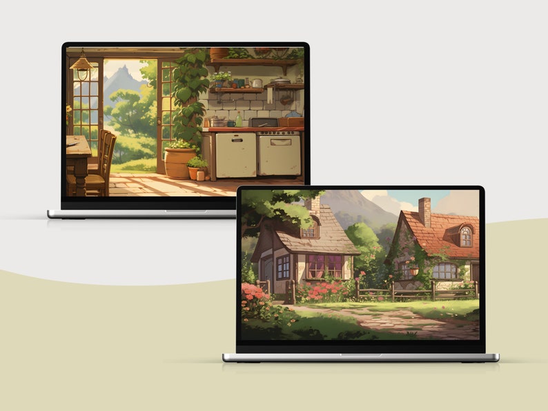 May include: Two laptop screens displaying digital illustrations of a cozy kitchen with a view of a mountain range and a quaint cottage with a stone path leading to the front door.