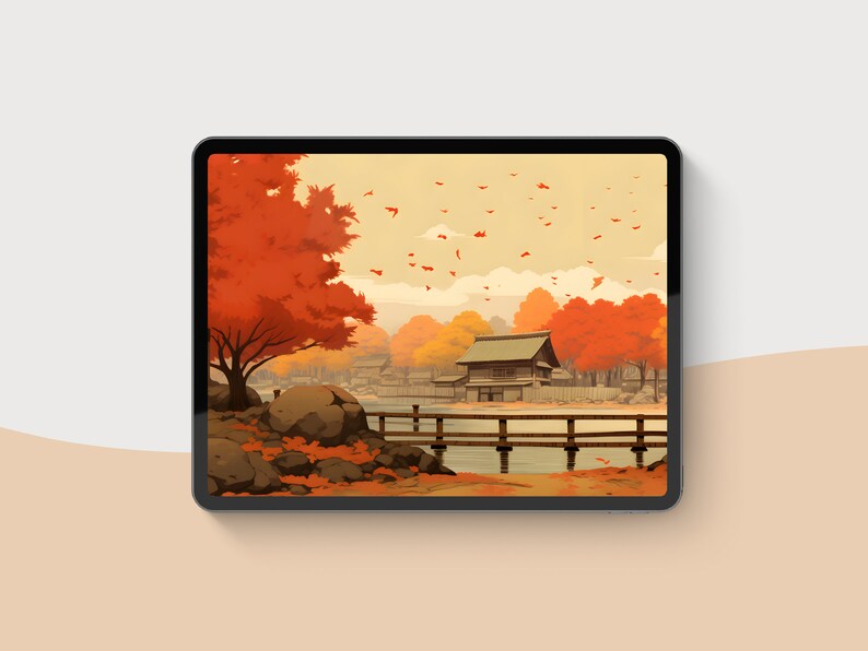 May include: A digital illustration of a Japanese landscape with a wooden house, a bridge, and trees with red and orange leaves. The background is a soft yellow with a light blue sky.