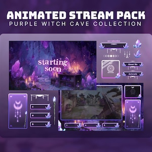 Puede incluir: Paquete de transmisión animada con un tema de cueva de brujas moradas. El diseño incluye una escena de cueva con cristales morados y elementos de superposición como alertas de suscriptor, marco de cámara web y paneles. El texto "starting soon" es visible.