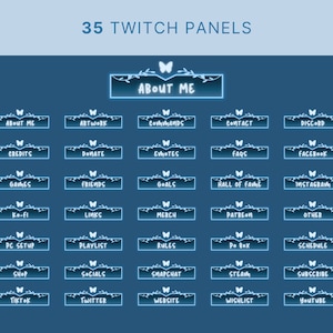 以下が含まれることがあります： 青と白のデザインの35個のTwitchパネルのセット。各パネルには蝶と花の模様があります。「About Me」、「Artwork」、「Commands」、「Contact」、「Discord」などのタイトルが含まれています。