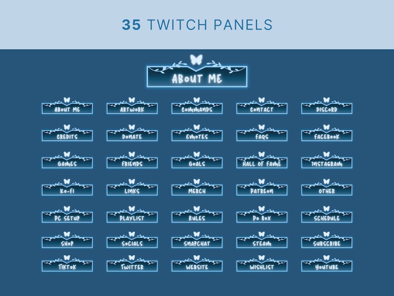以下が含まれることがあります： 青と白のデザインの35個のTwitchパネルのセット。各パネルには蝶と花の模様があります。「About Me」、「Artwork」、「Commands」、「Contact」、「Discord」などのタイトルが含まれています。