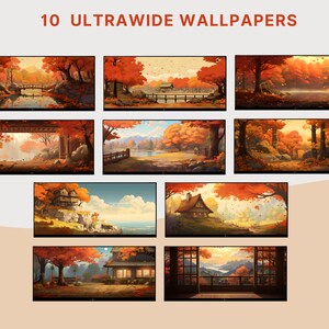 May include: Ten ultra-wide autumnal landscape wallpapers featuring scenes of forests, rivers, and houses. The colors are warm and inviting, with shades of orange, red, and yellow.