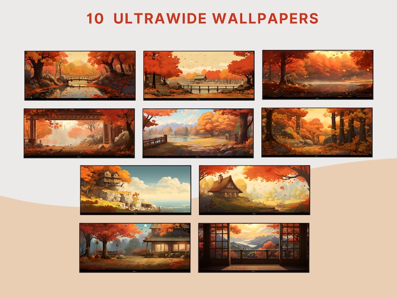 May include: Ten ultra-wide autumnal landscape wallpapers featuring scenes of forests, rivers, and houses. The colors are warm and inviting, with shades of orange, red, and yellow.