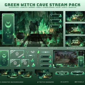 May include: A digital art pack labelled "Green Witch Cave Stream Pack" with backgrounds, overlays, banners, panels, stream screens, decor, alerts, and transitions. The design features a green witch cave theme with individual assets and premade overlays.