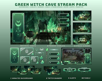 cozy cave stream pack green witch twitch overlay animated green stream screens for vtubers and streamers halloween stream overlay wizard