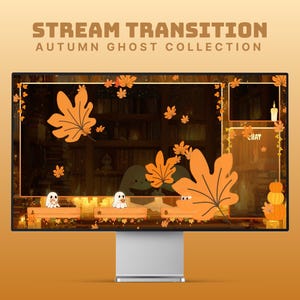 May include: A computer monitor displays a stream overlay with an autumn theme. The design features orange leaves, cartoon ghosts, and the text "STREAM TRANSITION AUTUMN GHOST COLLECTION". The background shows a cozy library scene.