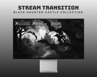 May include: A computer monitor displays a black and white digital illustration of a haunted castle scene. The image features bats, trees, and a full moon. The text "STREAM TRANSITION" and "BLACK HAUNTED CASTLE COLLECTION" is at the top.