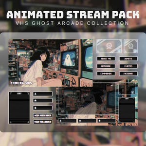 May include: Animated stream pack with a VHS Ghost Arcade Collection theme. The design features a retro arcade aesthetic with a ghost character on a screen. Includes overlay elements for chat, alerts, and social media links.