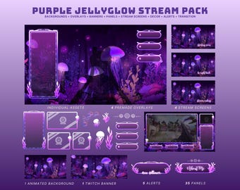 purple twitch overlay pack under water stream screens glowing jellyfish animated twitch overlay cozy stream package cute jelly twitch pack