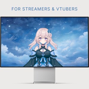 May include: A digital illustration of a young woman with long pink hair, wearing a dark blue and black dress with a blue bow, standing in front of a blue sky with white clouds and stars. The text "FOR STREAMERS & VTUBERS" is displayed at the top of the image.