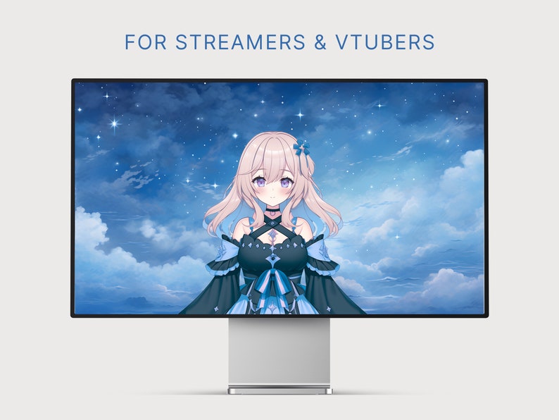 May include: A digital illustration of a young woman with long pink hair, wearing a dark blue and black dress with a blue bow, standing in front of a blue sky with white clouds and stars. The text "FOR STREAMERS & VTUBERS" is displayed at the top of the image.