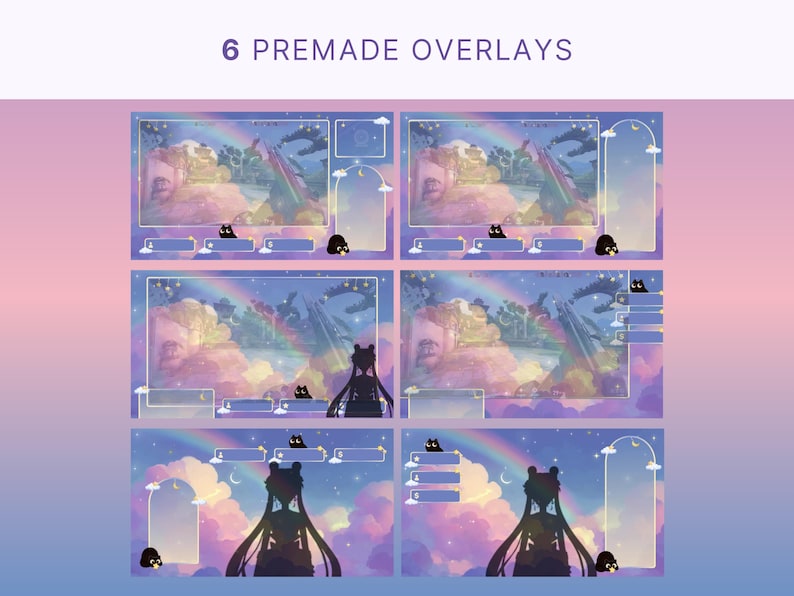 Cute Cat Twitch Pack Pink Sky Witch Overlay Animated Cat Stream Screens ...
