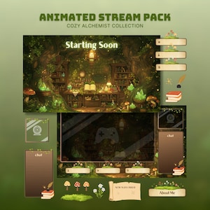 May include: Animated stream pack titled Cozy Alchemist Collection featuring a Starting Soon screen with a forest library scene, various overlay frames for webcam and chat, decorative mushroom icons, book stacks, and text labels for stream elements.
