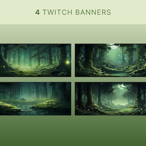 May include: Four digital illustrations of a dark, mysterious forest with glowing lights and a path leading through the trees. The forest is green and lush with a stream running through it.