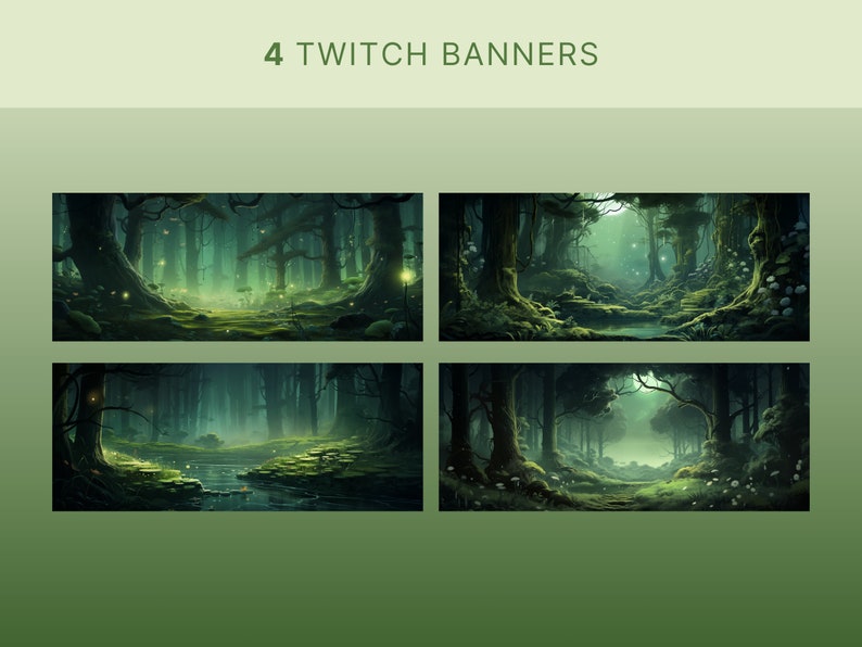 May include: Four digital illustrations of a dark, mysterious forest with glowing lights and a path leading through the trees. The forest is green and lush with a stream running through it.