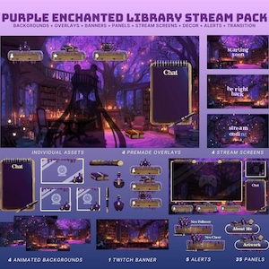 violetter Vtuber Hintergrund Hexenstrom Overlay animierter Hexenstrom paket Magie Bibliothek Overlay lila goth twitch Pack