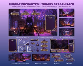 Paquete de transmisión forestal, fondo morado de Vtuber, superposición de transmisión de brujas, paquete de transmisión de brujas animadas, superposición de biblioteca mágica, paquete de Twitch gótico morado