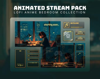 lofi twitch overlay anime girl stream pack cozy bedroom overlay animated anime stream screens cozy twitch package for streamers retro twitch