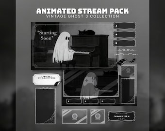 Paquete de transmisión retro de Halloween, fantasma animado, superposición de Twitch, gato negro, pantallas de transmisión animadas para streamers, superposición de transmisión VHS vintage, OBS
