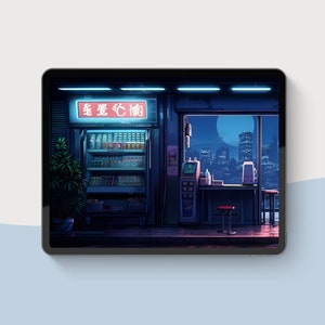 Pode incluir: Uma ilustra&ccedil;&atilde;o digital de uma pequena loja de conveni&ecirc;ncia &agrave; noite com uma placa de n&eacute;on que diz "老愛吃飽". A loja tem uma janela com vista para o horizonte da cidade e uma lua cheia.