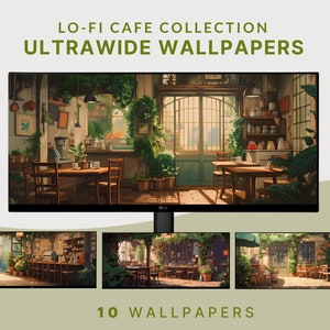 Puede incluir: Una colección de 10 fondos de pantalla digitales que muestran una acogedora cafetería con una estética vintage. La cafetería tiene mesas y sillas de madera, plantas y una gran ventana. Los fondos de pantalla están en una relación de aspecto amplia, perfectos para monitores ultraanchos.