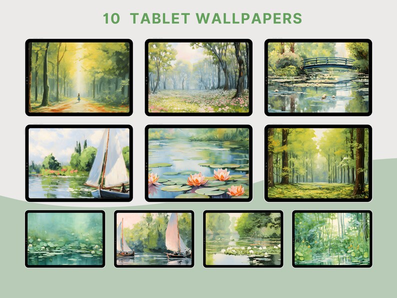 Op de afbeelding: Tien tablet-achtergronden met schilderachtige landschappen met weelderig groen, water en bomen. De afbeeldingen omvatten een ​​pad door een bos, een brug over een rivier en een zeilboot op een meer.