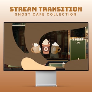 Könnte beinhalten: Ein Computermonitor zeigt eine Stream-Übergangsgrafik. Das Design zeigt drei Cartoon-Kaffeegetränke mit Schlagsahne, eine Tafel mit dem Text "CHAT" und den Text "STREAM TRANSITION GHOST CAFE COLLECTION" in Braun.