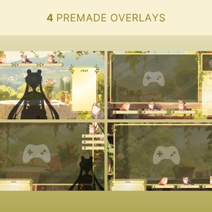 May include: Four premade overlays for streaming, featuring a green and brown nature background with a chat box, a game controller icon, and cute cartoon cats. The overlays are perfect for adding a touch of whimsy to your streams.