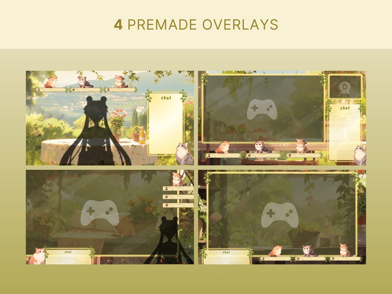 May include: Four premade overlays for streaming, featuring a green and brown nature background with a chat box, a game controller icon, and cute cartoon cats. The overlays are perfect for adding a touch of whimsy to your streams.