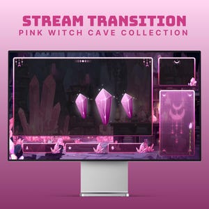 Puede incluir: Un monitor de computadora muestra una superposición de transmisión rosa y púrpura, con un tema de cueva de brujas. La pantalla muestra un fondo oscuro con cristales brillantes y el texto "Stream Transition Pink Witch Cave Collection."
