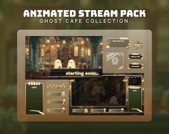 Mysigt halloween-streampaket sött spökcafé twitch-paket animerat spököverlägg mysigt café twitch-överlägg cottagecore halloween-streamobs