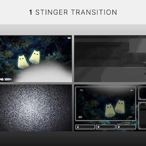 May include: A digital art graphic with the text "1 Stinger Transition" at the top. The image is divided into four sections, each with a different design. Two sections feature glowing cat-like figures in a forest setting.