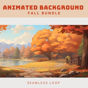 Könnte beinhalten: Animierter Hintergrund mit einer Herbstlandschaft mit einem See, Bergen, Bäumen mit orangefarbenen und roten Blättern, einem Steinweg und einem Holzzaun. Der Text "SEAMLESS LOOP" befindet sich am unteren Rand des Bildes.