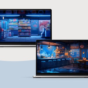 May include: Two laptop screens displaying digital illustrations of a convenience store and a bar. The convenience store is lit with neon signs and has shelves stocked with various products. The bar has a counter with stools and a table with chairs. Both scenes are set at night.