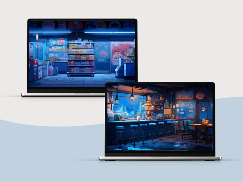 May include: Two laptop screens displaying digital illustrations of a convenience store and a bar. The convenience store is lit with neon signs and has shelves stocked with various products. The bar has a counter with stools and a table with chairs. Both scenes are set at night.
