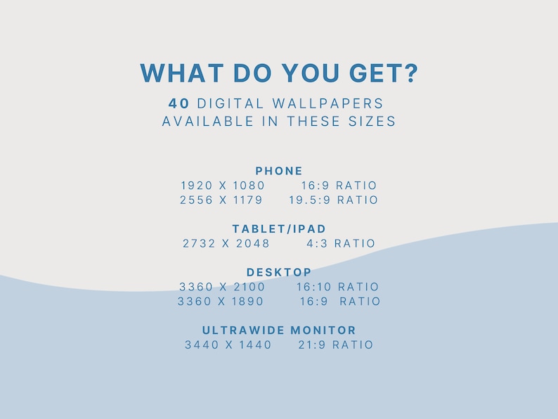May include: A graphic with the text "What do you get?" and "40 Digital Wallpapers Available in these sizes."  The graphic lists different screen sizes and aspect ratios for phone, tablet, desktop, and ultrawide monitor.