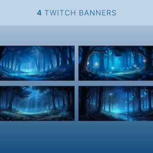 以下が含まれることがあります： 青と紫の色合いの神秘的な森のシーンを特徴とする4つのTwitchバナー。バナーは、光る光と小川のある森の中の小道を描いています。「4 Twitch Banners」というテキストが上部にあります。