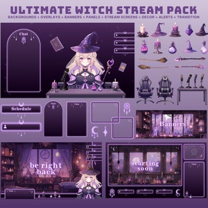 May include: A purple and black witch-themed Twitch stream pack with overlays, banners, panels, and stream screens. The pack includes a chat box, schedule, be right back screen, starting soon screen, and a banner. The pack also includes a variety of witch-themed decor, such as candles, potions, and brooms.