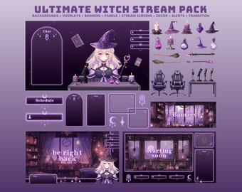 Fondo animado de Vtuber con superposición de Twitch morado, superposición de Twitch de bruja, recurso de Vtuber de bruja, banner de Twitch morado, paquete de transmisión morado animado